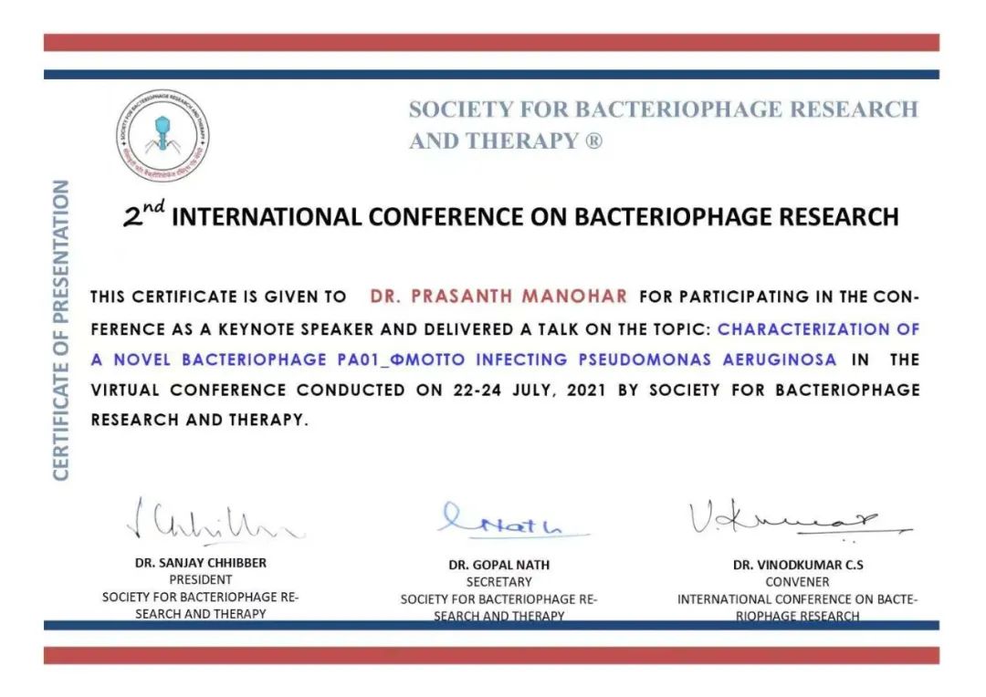 我院博士后Prasanth Manohar获噬菌体研究与治疗年会颁发的青年科学家奖
